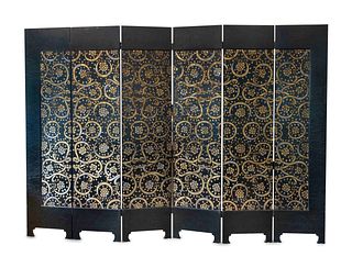 A Chinese Art Deco Style Black and Silver Lacquer Six-Panel Screen
Height 94 x width of each panel 22 inches.