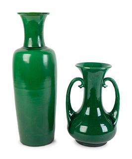 Two Contemporary Japanese Awaji Green-Glazed Porcelain Vases
Height of taller 16 1/2 inches.
