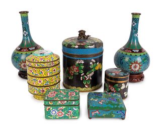 A Group of Seven Chinese Cloisonne Enamel and Canton Enamel on Copper Wares
Height of tallest 8 3/4 inches.