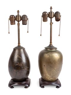 Two Japanese Patinated Bronze Vases Mounted as Lamps
Height overall of taller 21 inches.