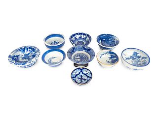 A Miscellaneous Group of Nine Asian Blue and White Porcelain Bowls
Largest, height 3 1/2 x diameter 10 inches.