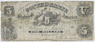1861 $5 Confederate Note T-11