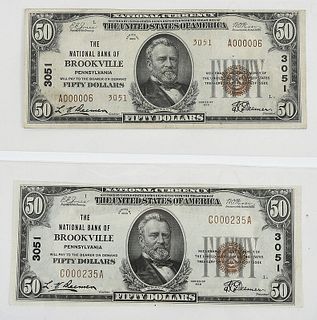 Two $50 National Bank Notes NB Brookville, PA