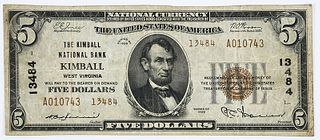 1929 $5 Kimball NB, West Virginia 