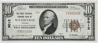 1929 $10 FN Farmers Bank Wytheville, VA