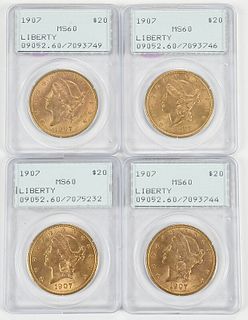 Four Liberty Head $20 Gold Coins