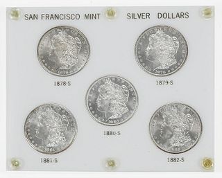 Five San Francisco Morgan Silver Dollars