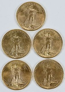 Five St. Gaudens $20 Gold Coins 