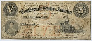 1861 $5 Confederate Note T-32