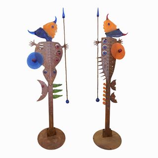 Pair of Life Size Metal And Art Glass Sculpture