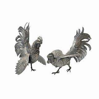 Pair of Silver Rooster Sculptures