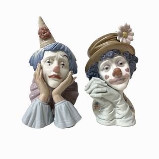 Pair of Lladro Porcelain Clown Face Sculptures