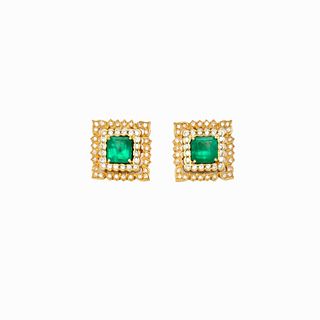 14K Yellow Gold Diamond And Emerald Earrings