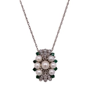 Emerald Diamond Pearl Vintage Pendant Necklace 14K