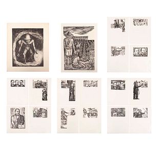 FRANCISCO MORA Lote de 18 obras. Firmados, algunos fechados '54 y '46 Grabados al linóleo y una litografía Sin enmarcar.