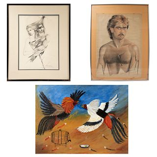 Lote de 3 obras pictóricas. Consta de: a) EDUARDO CRISANTO (México, siglo XX) Pelea de gallos Firmado al frente. Otros.