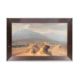E. Márquez. Vista de volcanes. Firmado y fechado 1970. Óleo sobre tela. Enmarcado. 99 x 59 cm