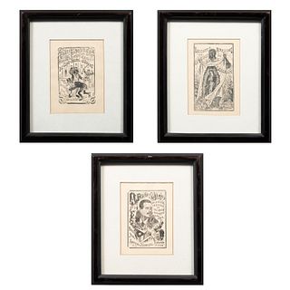 JOSÉ GUADALUPE POSADA Lote de 3 obras gráficas. Consta de: "El moderno payaso", "Antonio Maceo" y "Las cuatro apariciones de la Virgen"