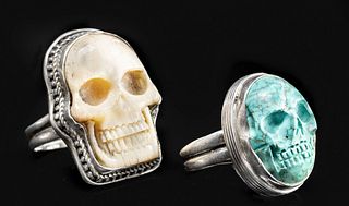 2 Vintage Mexican Silver, Bone & Stone Skull Rings