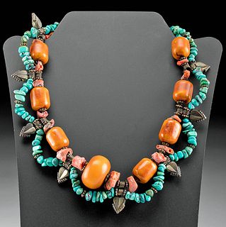 Vintage Mali Brass, Turquoise, Coral & Copal Necklace