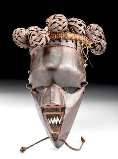 Early 20th C. African Salampasu Wood & Rattan Mask