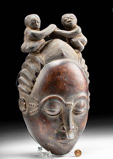 Early 20th C. African Baule Wood Mask w/ Figures