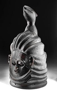Early 20th C. African Mende Bundu Wood Helmet Mask