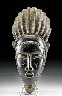 Early 20th C. African Baule Wood Mask with Headdress
