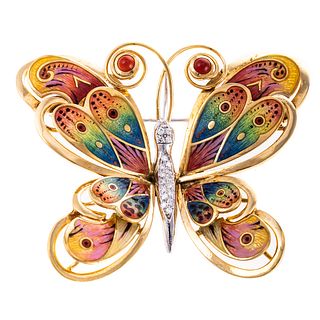 A Large Colorful Enamel Butterfly Pin in 18K