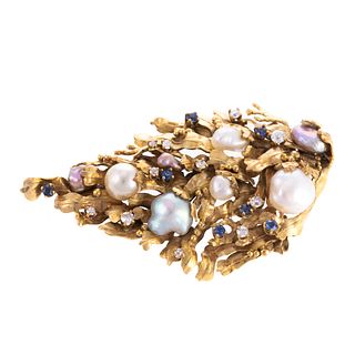 A Pearl, Diamond & Sapphire Pin by Potter & Mellen