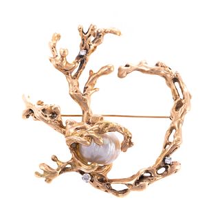 A Large Freeform 14K Pin with Pearl & Diamonds