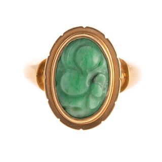 A Potter & Mellen Carved Jade Ring in 14K