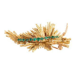 A Vintage 18K Abstract Leaf Brooch with Emeralds