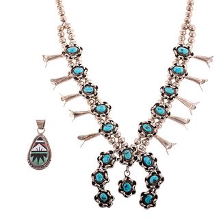 A Navajo Squash Blossom Necklace & Zuni Pendant