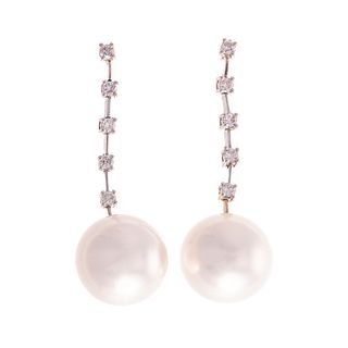 A Pair of 18K South Sea Pearl & Diamond Earrings