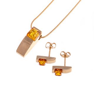 An Amber Pendant & Matching Earrings in 14K