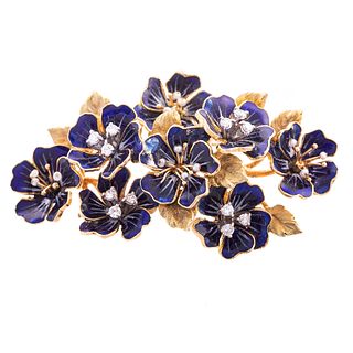 A Blue Enamel & Diamond Flower Brooch in 18K