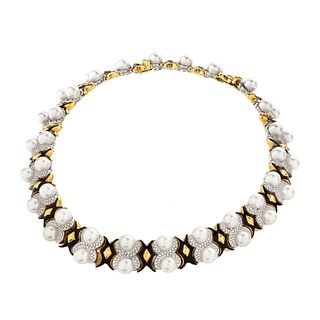 Diamond, Pearl and 18K Necklace