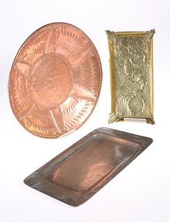 A BRASS TRAY, rectangular with everted corners and gallery 