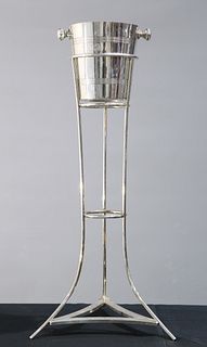 AN ART DECO SILVER-PLATED ICE BUCKET ON STAND, the tapering