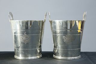 A PAIR OF ART DECO SILVER-PLATED WINE COOLERS, of belted ta