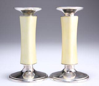 MEISTER, ZURICH
 A PAIR OF SWISS SILVER AND ENAMEL CANDLEST