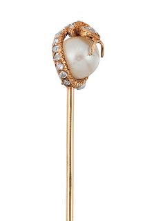 A 19TH CENTURY PEARL AND DIAMOND STICK PIN, BY TIFFANY & CO