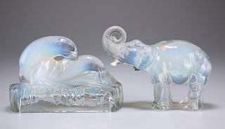 A JOBLINGS OPALIQUE PRESSED GLASS MODEL OF AN ELEPHANT, mod