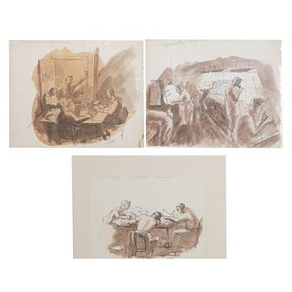 Aaron Sopher. Three Newspaper Themed Drawings