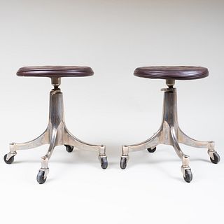 Pair of Darrell Landrum Modern Nickel Plated and Leather Stools for Avard USA
