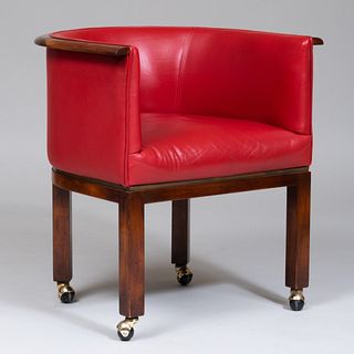 Vladimir Kagan Mahogany and Red Leather Upholstered Tub Chair