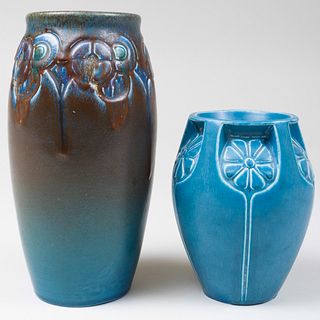 Two Rookwood Pottery Blue Glazed Vases Molded with Stylized Flowers