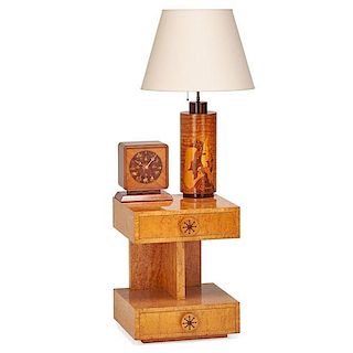 ANDREW SZOEKE Nightstand, clock, and table lamp