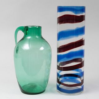 Blenko Green Glass Vessel with Handle and a Striped Venini Glass Cylindrical Vase